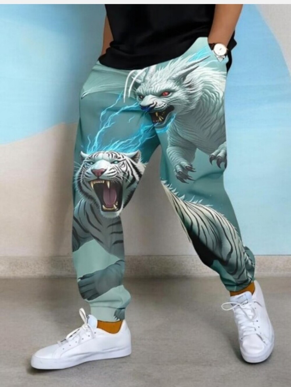 Men's Light Teal Tiger Graphic Jogger Pants